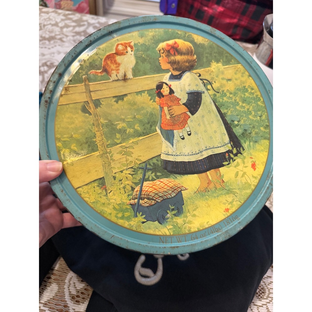 Vintage Kelsen Danish Butter Cookies Tin Large 64oz Blue Girl Cat Rocking Horse